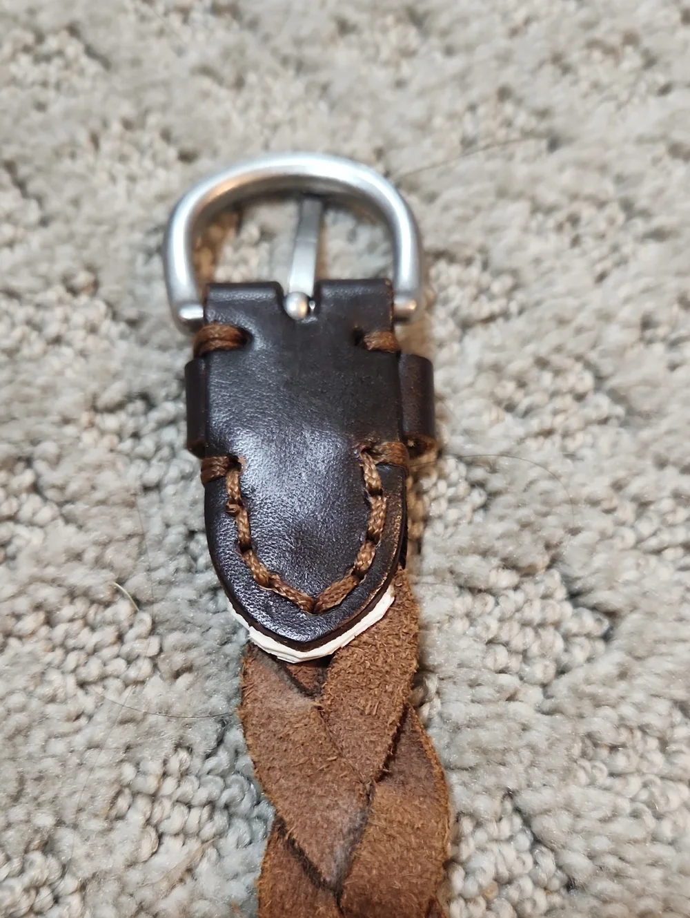 Braided Brown Leather Belt With Silver Tone Buckle & Harness Style Rings Large